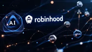 ロビンフッドのロゴと新しい仮想通貨のシンボルが並ぶ未来的なインターフェース