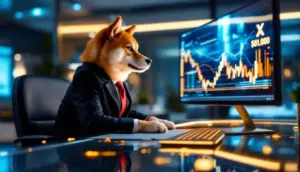 未来的なオフィスでCEOの椅子に座り、光るチャートを見つめる柴犬