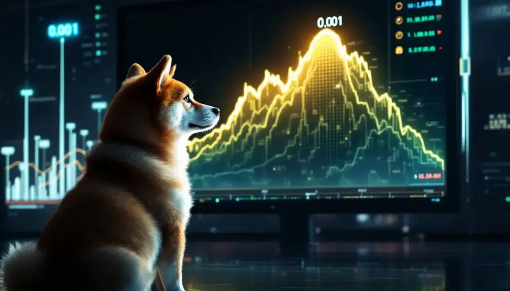 ミームコイン「シバイヌ」の価格目標の困難さを示す、上向きのチャートを見つめる柴犬のイラスト。