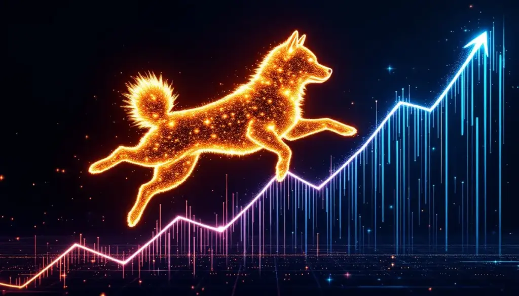 シバイヌ犬のシルエットが上昇するチャートと共に描かれた未来的な仮想通貨のイメージ