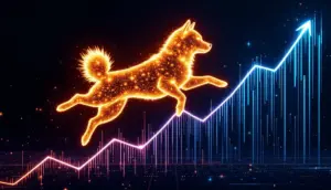 シバイヌ犬のシルエットが上昇するチャートと共に描かれた未来的な仮想通貨のイメージ