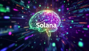 ソラナのロゴとAI、コードが組み合わさった未来的なブロックチェーンのイメージ