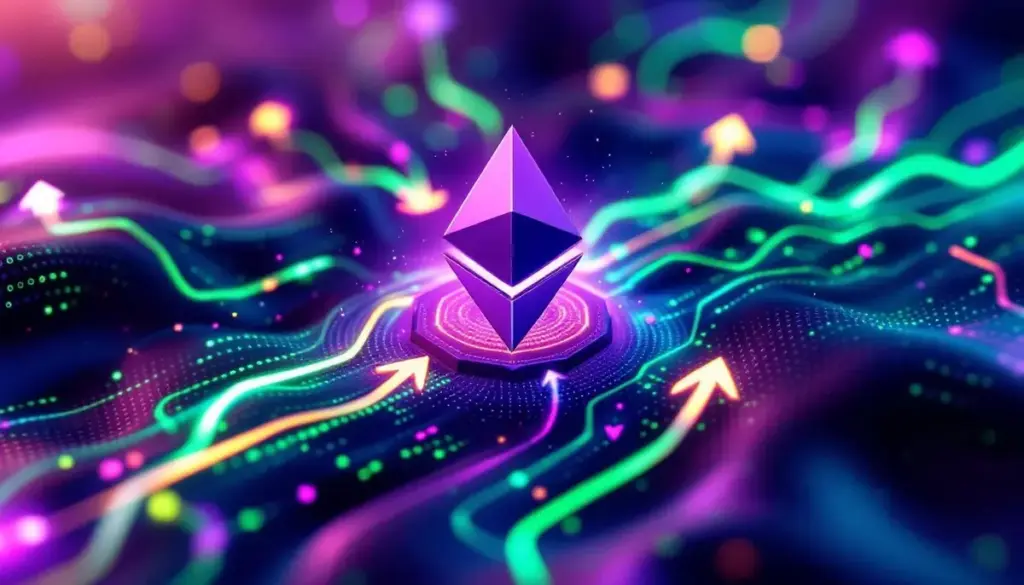 ソラナのブロックチェーンネットワークが拡大し、上向きの矢印が価格上昇を示す未来的なイメージ