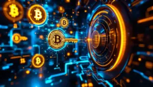 マルチシグネチャ保管モデルを表現する未来的なビットコイン融資プラットフォームのイメージ