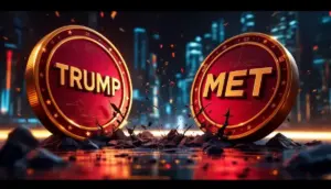 TRUMPコインがMETトークンにひびを入れる様子を描いた象徴的な画像