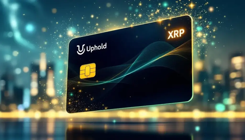 UpholdのロゴとXRPのシンボルが描かれた未来的なデビットカード