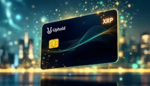 UpholdのロゴとXRPのシンボルが描かれた未来的なデビットカード