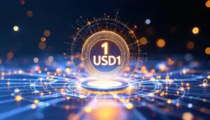 ステーブルコインUSD1を中心とした金融ネットワークの未来的なイメージ。
