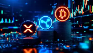 XRP、ソラナ、ドージコインのロゴが輝きながら上昇する様子を示す未来的な画像