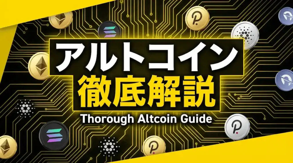 アルトコイン徹底解説と書かれた画像で、様々なコインが後ろに並んでいる