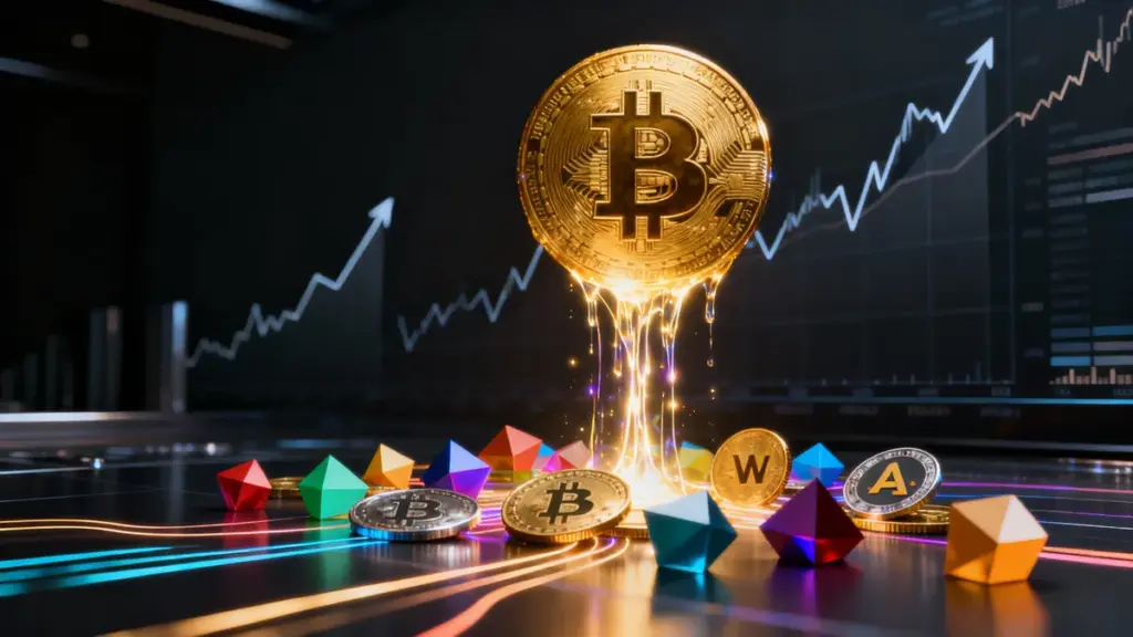 ビットコインからアルトコインへ資金が流れる様子を示す抽象的な3Dチャートグラフィック