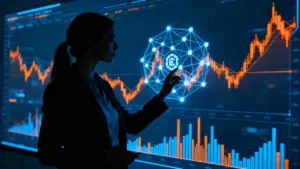 ブロックチェーン関連の財務データを分析する投資家のシルエットと未来的なチャート画面