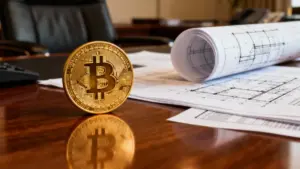 デスクの上に置かれたビットコインと事業計画書のイメージ