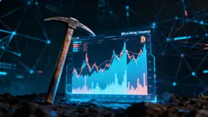 ビットコインマイニング関連株の動向を示す未来的なグラフと、それを象徴するピッケルの画像