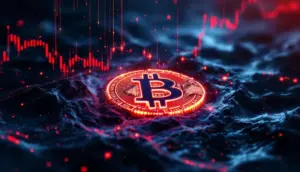 下落するチャートを背景に、ひび割れたビットコインのシンボルが描かれた画像