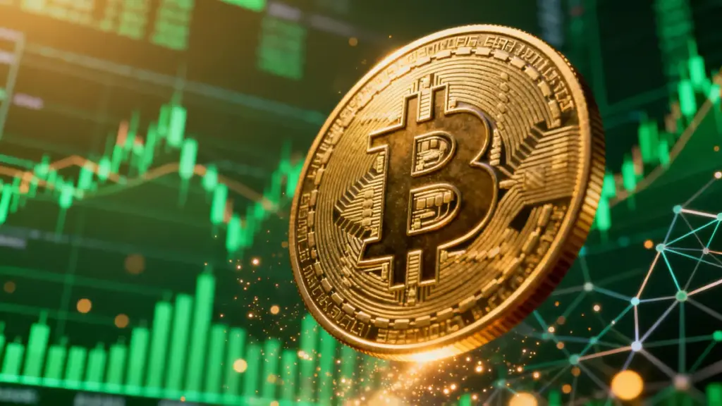 上昇トレンドを示すチャートを背景にした黄金のビットコインとデジタルネットワーク