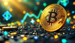 ビットコインとステーブルコインが共存する未来の暗号資産市場を示す象徴的な画像