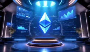 未来的な空間に浮かぶイーサリアムのロゴと、金融データを示すホログラムディスプレイ