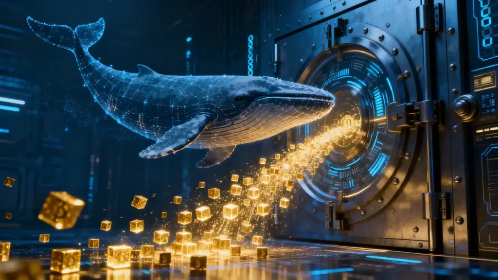 ブロックチェーン上のデータと共に泳ぎ去る巨大なデジタルのクジラのシルエット