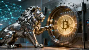 チェコ共和国の象徴であるライオンが、中央銀行の金庫内で輝くビットコインのシンボルを見つめている未来的な画像