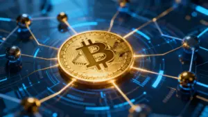 ネイティブなビットコインがDeFiネットワークに統合される様子を描いた近未来的なイメージ
