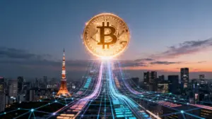 日本の景気刺激策がビットコインに与える影響を象徴する、東京の夜景と輝くビットコインのロゴ