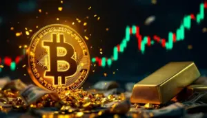 金融市場の暴落を示すチャートを背景に、輝くビットコインと金の延べ棒
