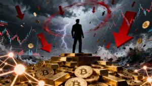 市場暴落の中でビットコインと金を守る投資家の姿を象徴的に表現した画像