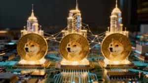 暗号資産のミームコインが高度なブロックチェーンネットワークへと進化する様子を描いたイメージ
