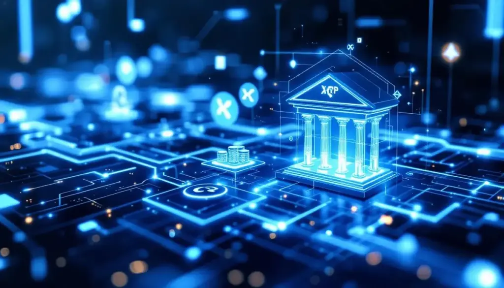 リップルのロゴと銀行の建物がデータで結ばれている未来的な金融サービスのイメージ