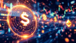 輝くソラナのロゴと、背景で後退するビットコインとイーサリアムのロゴが描かれた未来的な金融市場のイメージ