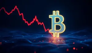 輝くビットコインシンボルと、その影で急落する赤い株価チャートを描いた未来的な背景の画像