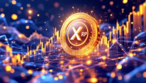XRPのETF承認を象徴する上昇チャートと未来的なブロックチェーンネットワークの視覚化