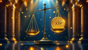 法的承認を象徴する天秤とXRP仮想通貨、インド最高裁判所を背景にしたデジタルアート