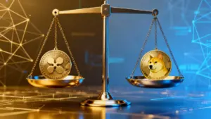 リップル（XRP）とドージコイン（DOGE）のシンボルを比較する金融メディア風の背景画像