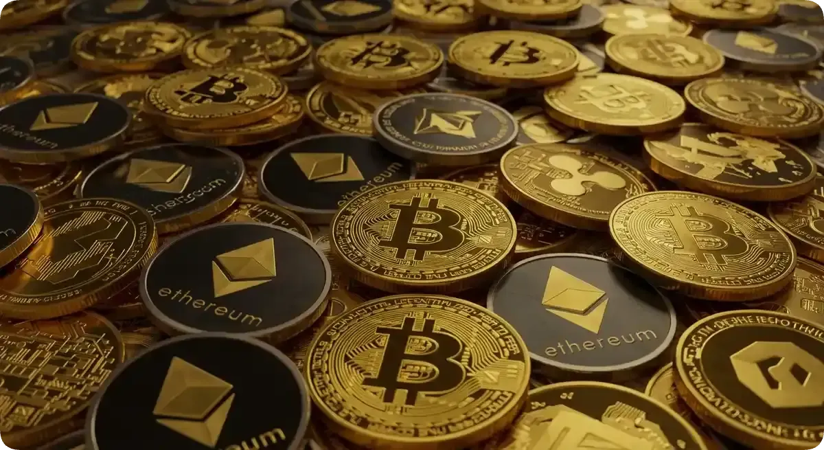暗号通貨ビットコインとイーサリアムが積み重なる金色コインの集合