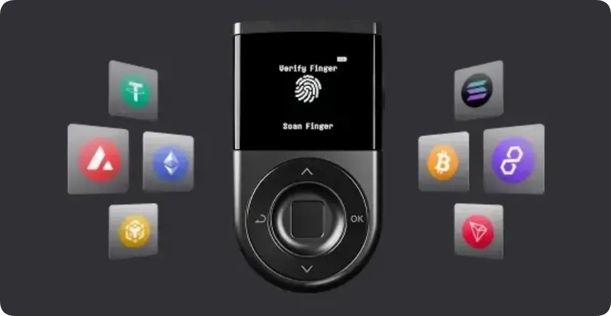 Biometric Walletと8種類の仮想通貨のロゴ