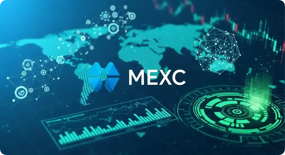 世界地図やグラフが表示される電光掲示板の上に浮かぶMEXCのロゴ