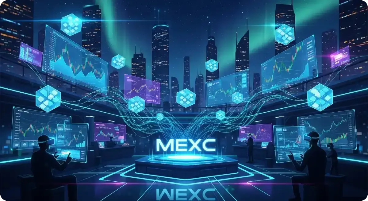 メタバース空間上にh浮かび上がる複数のチャートモニター、中央に浮かび上がるMEXCのロゴ