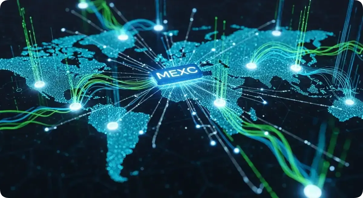 MEXCがグロバル展開している様子を示す光り輝く世界地図