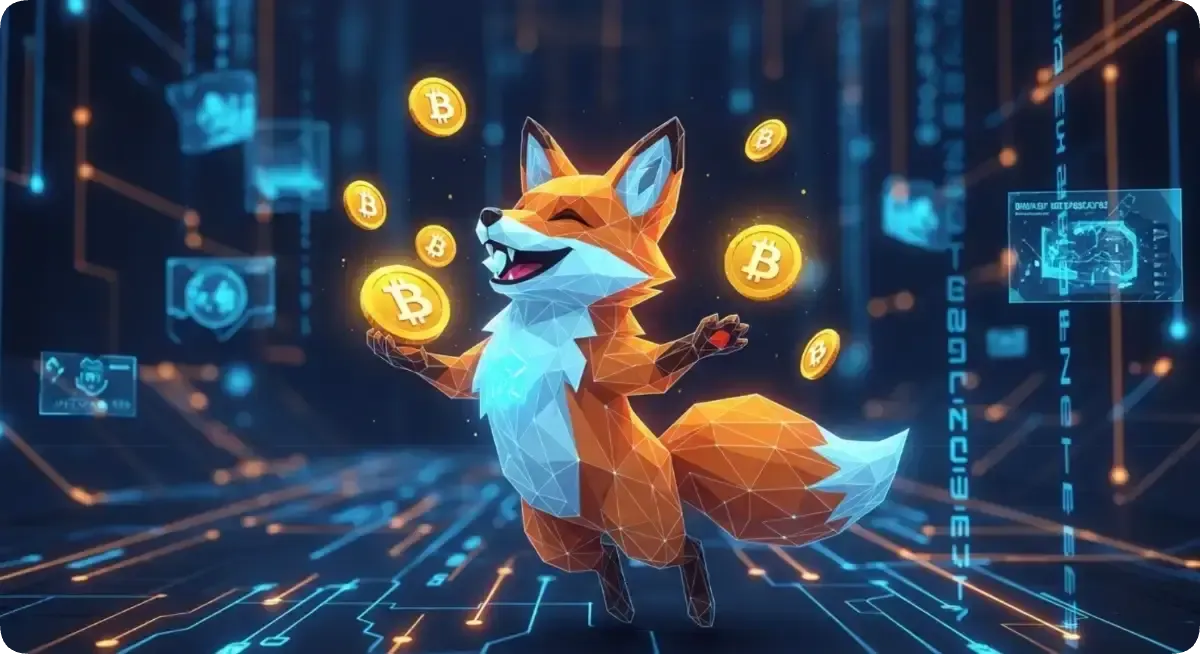 ビットコインをゲットしてはしゃいでいる狐ロボット