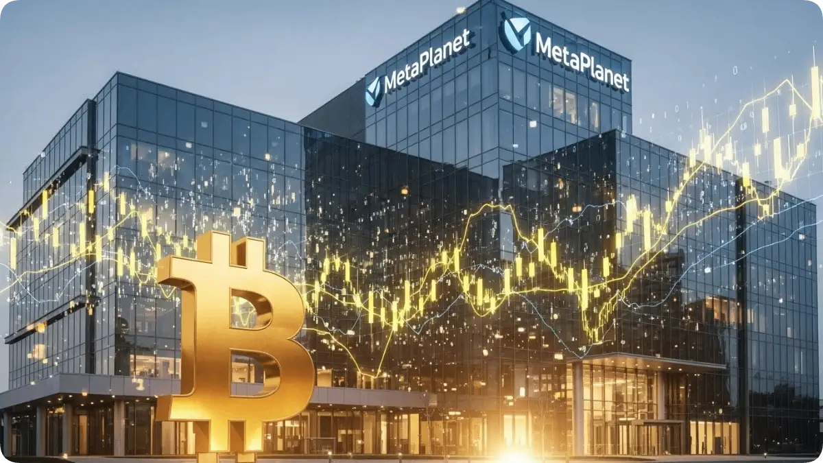 MetaPlanetのオフィスビルを背景に上昇するビットコインチャート