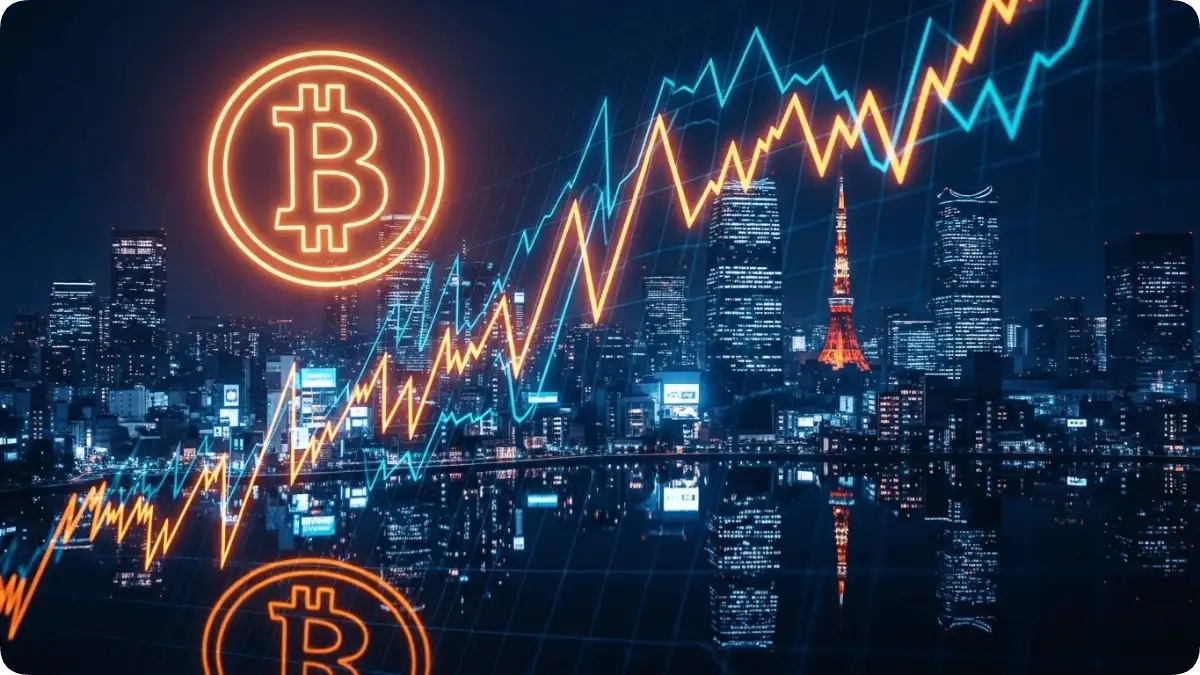 東京の波形を背景に上昇するビットコインチャート