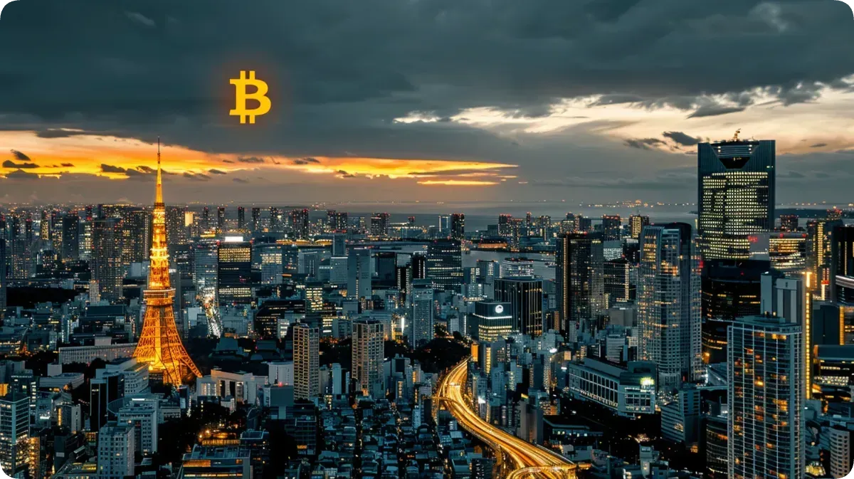 ビットコインロゴが浮かぶ東京