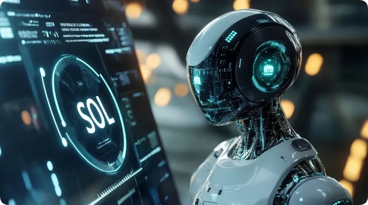 SOLが表示されたモニターを見つめるロボット
