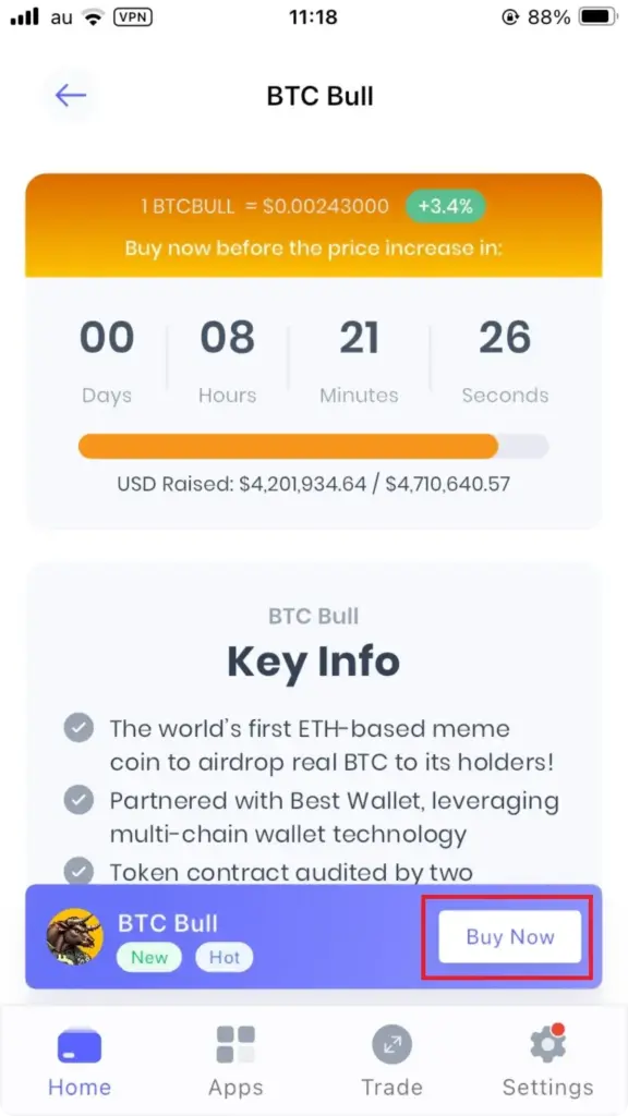 Best Walletでプレセール仮想通貨を選択して「Buy Now」をクリックする