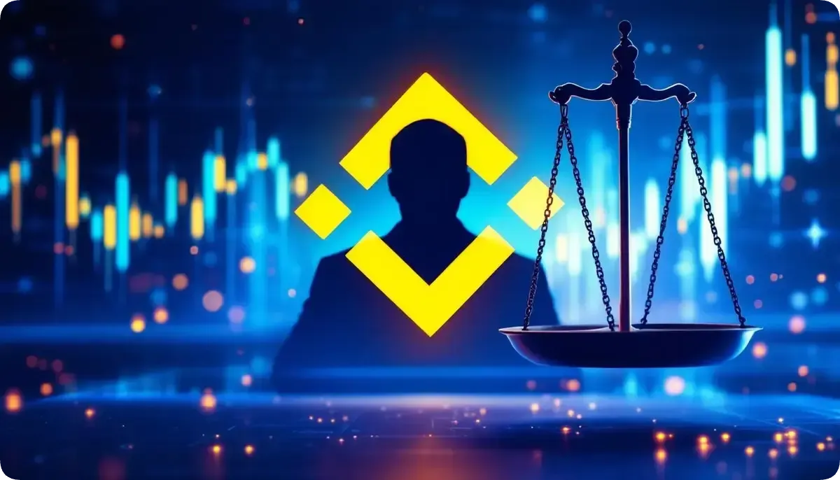 バイナンスのロゴと創業者のシルエットを背景に、仮想通貨の上場に関する議論を象徴する天秤