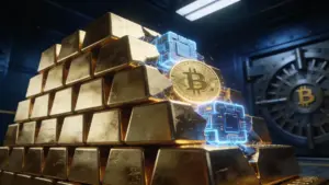 金の延べ棒の山の一部が輝くビットコインのブロックに変化し、市場シェアの獲得を象徴している様子