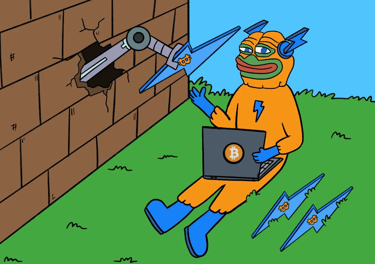 穴の空いた壁の前でノートPCを操作するBitcoin Hyperミームと、雷形ビットコインのイラスト