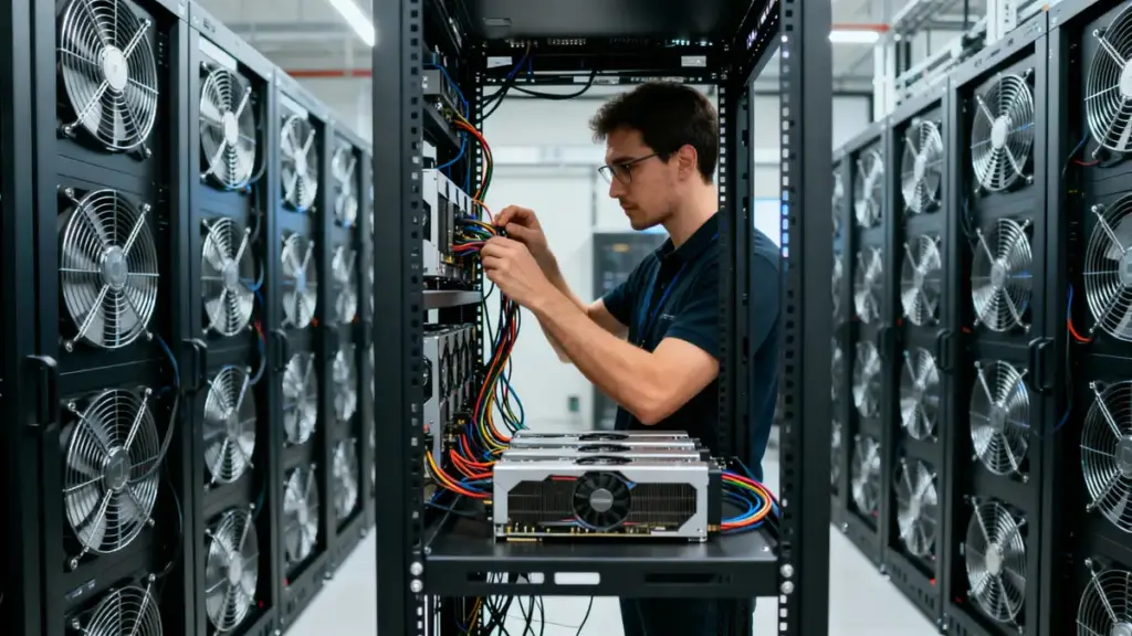 データセンターでAI用GPUサーバーを点検する技術者と冷却システム